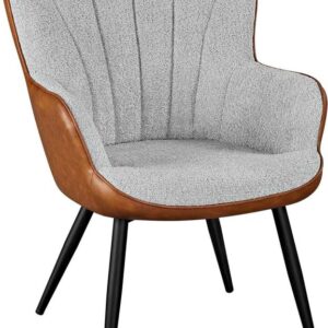 Accent Chair, Modern Fuzzy Boucle Fabric and Faux Leather Armchair